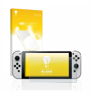 Face avant d’un emballage produit avec le logo de la marque upscreen. À côté, l’appareil Nintendo Switch OLED-Modell est repré