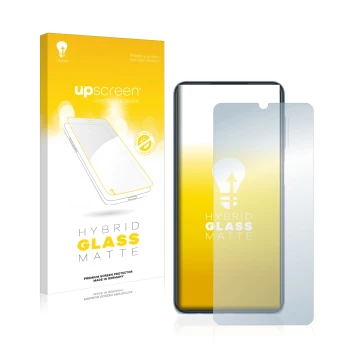 Face avant d’un emballage produit avec le logo de la marque upscreen. À côté, l’appareil Samsung Galaxy M22 est représenté ave