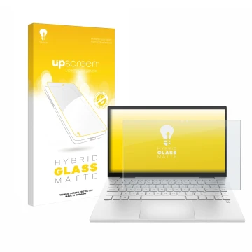 Face avant d’un emballage produit avec le logo de la marque upscreen. À côté, l’appareil HP Pavilion x360 (14-dyX) est représe