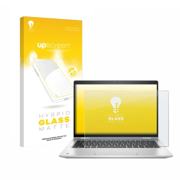 Face avant d’un emballage produit avec le logo de la marque upscreen. À côté, l’appareil HP ProBook x360 435 G8 est représenté
