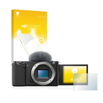 Face avant d’un emballage produit avec le logo de la marque upscreen. À côté, l’appareil Sony Alpha ZV-E10 est représenté avec