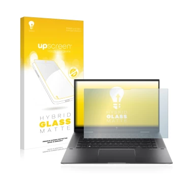 Face avant d’un emballage produit avec le logo de la marque upscreen. À côté, l’appareil HP Envy x360 (15-eX) (359 mm x 228.2 