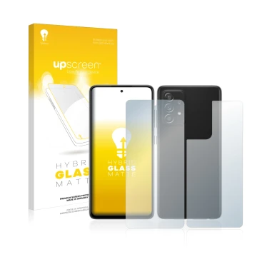 Face avant d’un emballage produit avec le logo de la marque upscreen. À côté, l’appareil Samsung Galaxy A52s 5G (Avant+Arrière