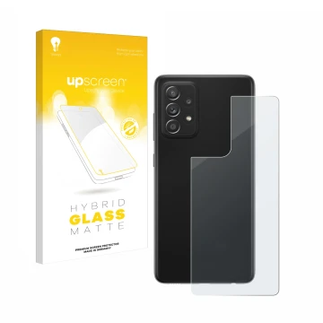 Face avant d’un emballage produit avec le logo de la marque upscreen. À côté, l’appareil Samsung Galaxy A52s 5G (Arrière) est 