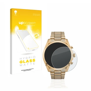 Face avant d’un emballage produit avec le logo de la marque upscreen. À côté, l’appareil Michael Kors Access Gen 6 Bradshaw es