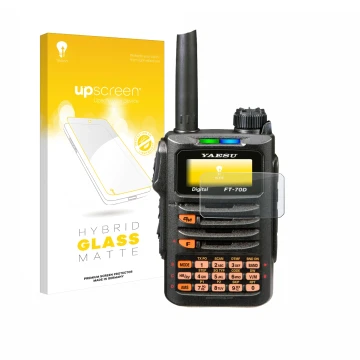 Face avant d’un emballage produit avec le logo de la marque upscreen. À côté, l’appareil Yaesu FT-70DR est représenté avec la 