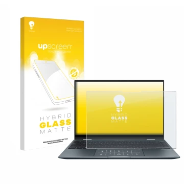 Face avant d’un emballage produit avec le logo de la marque upscreen. À côté, l’appareil ASUS ZenBook 14 Flip OLED est représe