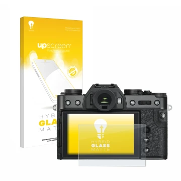 Face avant d’un emballage produit avec le logo de la marque upscreen. À côté, l’appareil Fujifilm X-T30 ll est représenté avec