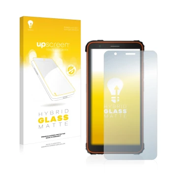 Face avant d’un emballage produit avec le logo de la marque upscreen. À côté, l’appareil Blackview BV6600E est représenté avec