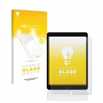 Face avant d’un emballage produit avec le logo de la marque upscreen. À côté, l’appareil Apple iPad 10.2