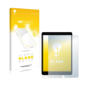 Face avant d’un emballage produit avec le logo de la marque upscreen. À côté, l’appareil Apple iPad 10.2