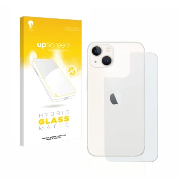 Face avant d’un emballage produit avec le logo de la marque upscreen. À côté, l’appareil Apple iPhone 13 (Arrière) est représe