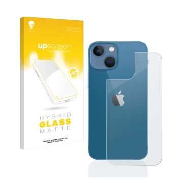 Face avant d’un emballage produit avec le logo de la marque upscreen. À côté, l’appareil Apple iPhone 13 mini (Arrière) est re