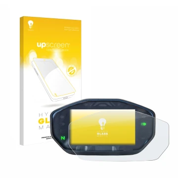 Face avant d’un emballage produit avec le logo de la marque upscreen. À côté, l’appareil Ducati Monster / Monster + 2021 est r