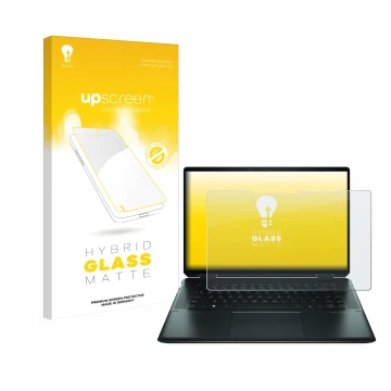 Face avant d’un emballage produit avec le logo de la marque upscreen. À côté, l’appareil HP Spectre x360 16