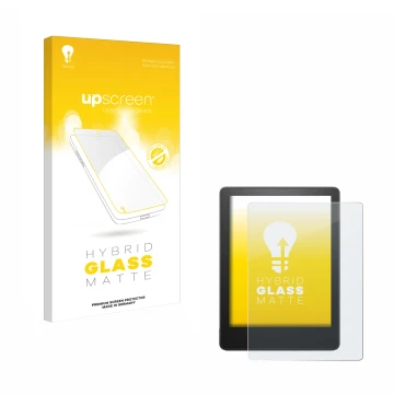 Face avant d’un emballage produit avec le logo de la marque upscreen. À côté, l’appareil Amazon Kindle Paperwhite 2021 (11ème 