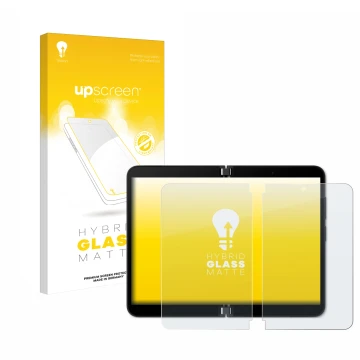 Face avant d’un emballage produit avec le logo de la marque upscreen. À côté, l’appareil Microsoft Surface Duo 2 (Affichage in