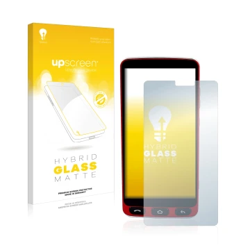 Face avant d’un emballage produit avec le logo de la marque upscreen. À côté, l’appareil Olympia Neo Smartphone est représenté