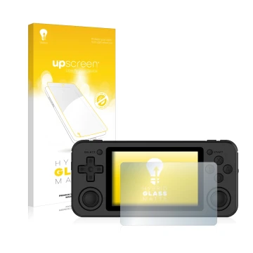 Face avant d’un emballage produit avec le logo de la marque upscreen. À côté, l’appareil Anbernic RG351P est représenté avec l