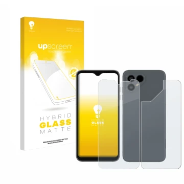 Face avant d’un emballage produit avec le logo de la marque upscreen. À côté, l’appareil Fairphone 4 (Avant+Arrière) est repré