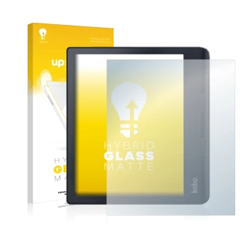 Face avant d’un emballage produit avec le logo de la marque upscreen. À côté, l’appareil Kobo Sage est représenté avec la prot