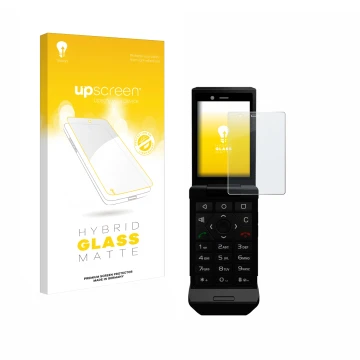 Face avant d’un emballage produit avec le logo de la marque upscreen. À côté, l’appareil Caterpillar Cat S22 Flip est représen