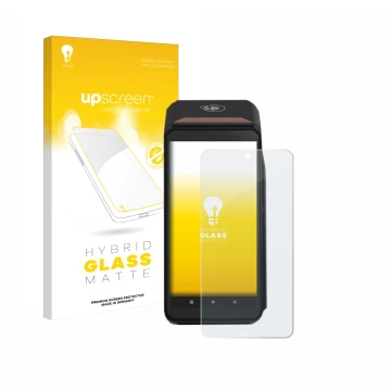 Face avant d’un emballage produit avec le logo de la marque upscreen. À côté, l’appareil ingenico Axium DX8000 est représenté 