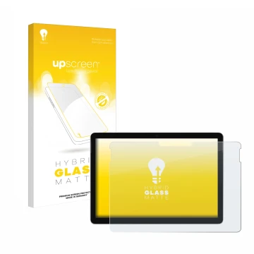 Face avant d’un emballage produit avec le logo de la marque upscreen. À côté, l’appareil Microsoft Surface Go 3 est représenté