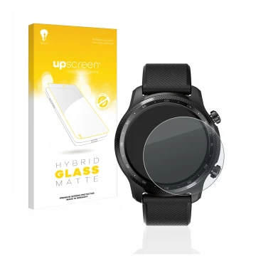 Face avant d’un emballage produit avec le logo de la marque upscreen. À côté, l’appareil Mobvoi Ticwatch Pro 3 Ultra GPS est r