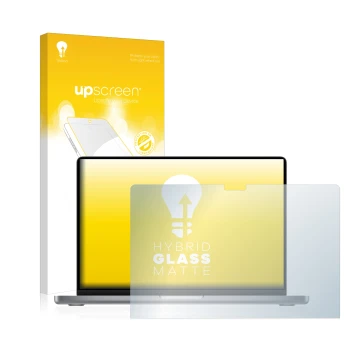 Face avant d’un emballage produit avec le logo de la marque upscreen. À côté, l’appareil Apple MacBook Pro 14