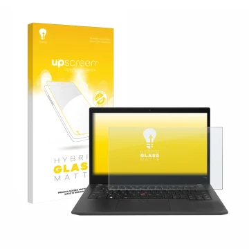 Face avant d’un emballage produit avec le logo de la marque upscreen. À côté, l’appareil Lenovo ThinkPad T14s Gen 2 est représ