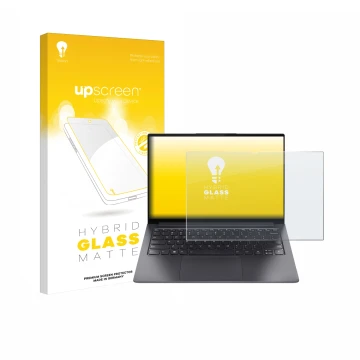 Face avant d’un emballage produit avec le logo de la marque upscreen. À côté, l’appareil Lenovo Yoga Slim 7 Pro 14