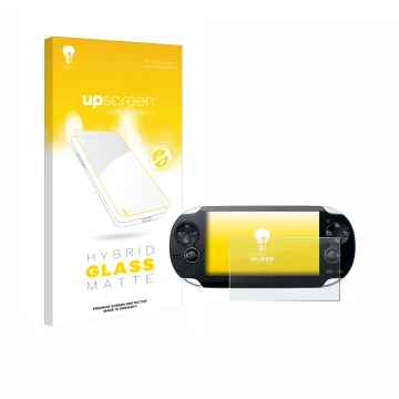 Face avant d’un emballage produit avec le logo de la marque upscreen. À côté, l’appareil Sony Playstation PS Vita est représen