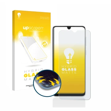 Face avant d’un emballage produit avec le logo de la marque upscreen. À côté, l’appareil Samsung Galaxy A03 est représenté ave