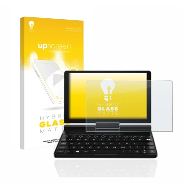 Face avant d’un emballage produit avec le logo de la marque upscreen. À côté, l’appareil GPD Pocket 3 est représenté avec la p