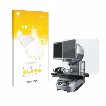 Face avant d’un emballage produit avec le logo de la marque upscreen. À côté, l’appareil Keyence IM-7020 Dessus en verre est r