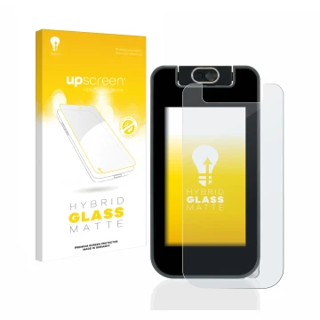 Face avant d’un emballage produit avec le logo de la marque upscreen. À côté, l’appareil Vtech Kidicom Advance 3.0 est représe