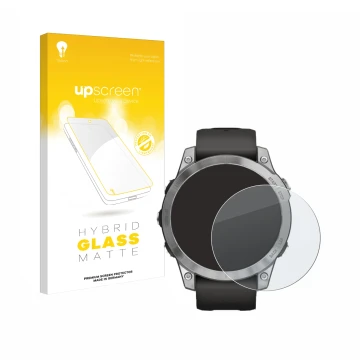 Face avant d’un emballage produit avec le logo de la marque upscreen. À côté, l’appareil Garmin Fenix 7 (47 mm) est représenté