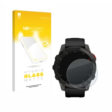 Face avant d’un emballage produit avec le logo de la marque upscreen. À côté, l’appareil Garmin epix (Gen. 2) est représenté a