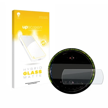 Face avant d’un emballage produit avec le logo de la marque upscreen. À côté, l’appareil Mini Cooper 2021 Infotainment System 