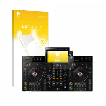 Face avant d’un emballage produit avec le logo de la marque upscreen. À côté, l’appareil Pioneer XDJ-RX3 est représenté avec l