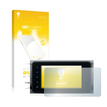Face avant d’un emballage produit avec le logo de la marque upscreen. À côté, l’appareil Dacia Sandero 2021-2025 Media Display