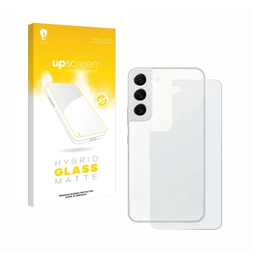 Face avant d’un emballage produit avec le logo de la marque upscreen. À côté, l’appareil Samsung Galaxy S22 5G (Arrière) est r
