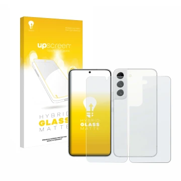 Face avant d’un emballage produit avec le logo de la marque upscreen. À côté, l’appareil Samsung Galaxy S22 5G (Avant+Arrière)