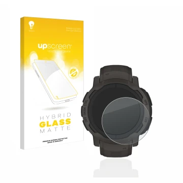 Face avant d’un emballage produit avec le logo de la marque upscreen. À côté, l’appareil Garmin Instinct 2 est représenté avec