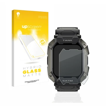 Face avant d’un emballage produit avec le logo de la marque upscreen. À côté, l’appareil Kospet Tank M1 est représenté avec la