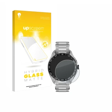 Face avant d’un emballage produit avec le logo de la marque upscreen. À côté, l’appareil TAG Heuer Connected Calibre E4 (45 mm