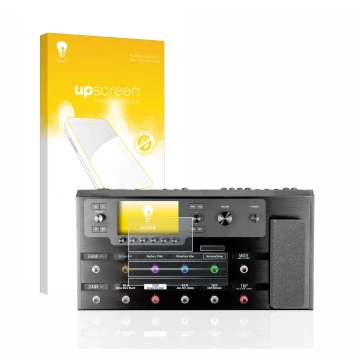 Face avant d’un emballage produit avec le logo de la marque upscreen. À côté, l’appareil Line 6 Helix Floor est représenté ave