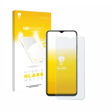 Face avant d’un emballage produit avec le logo de la marque upscreen. À côté, l’appareil Samsung Galaxy M23 est représenté ave