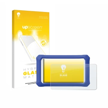 Face avant d’un emballage produit avec le logo de la marque upscreen. À côté, l’appareil Clementoni Clempad X Revolution est r